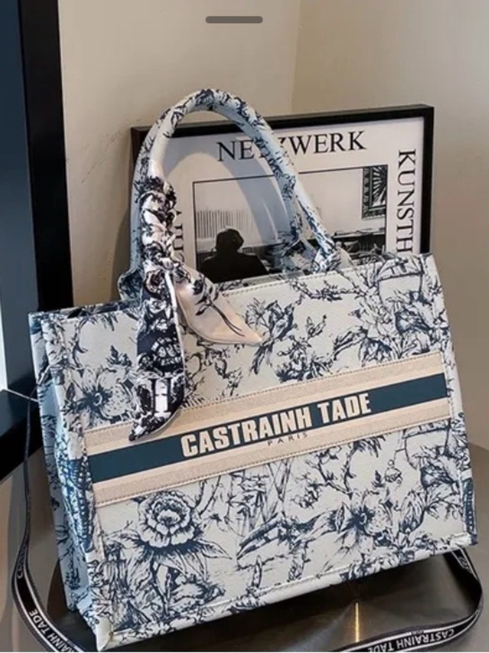 Floral Canvas Tote in White & Navy